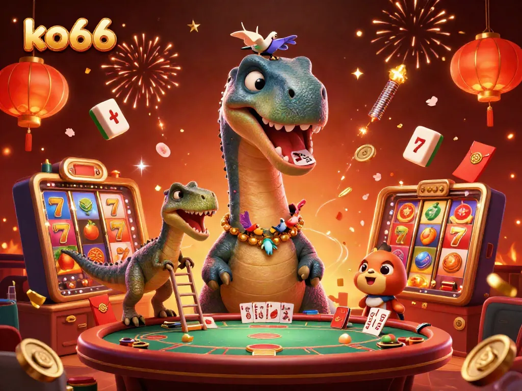 Experience the vibrant energy of ko66 with a fun 3D casino scene featuring a towering brontosaurus and engaging game elements.