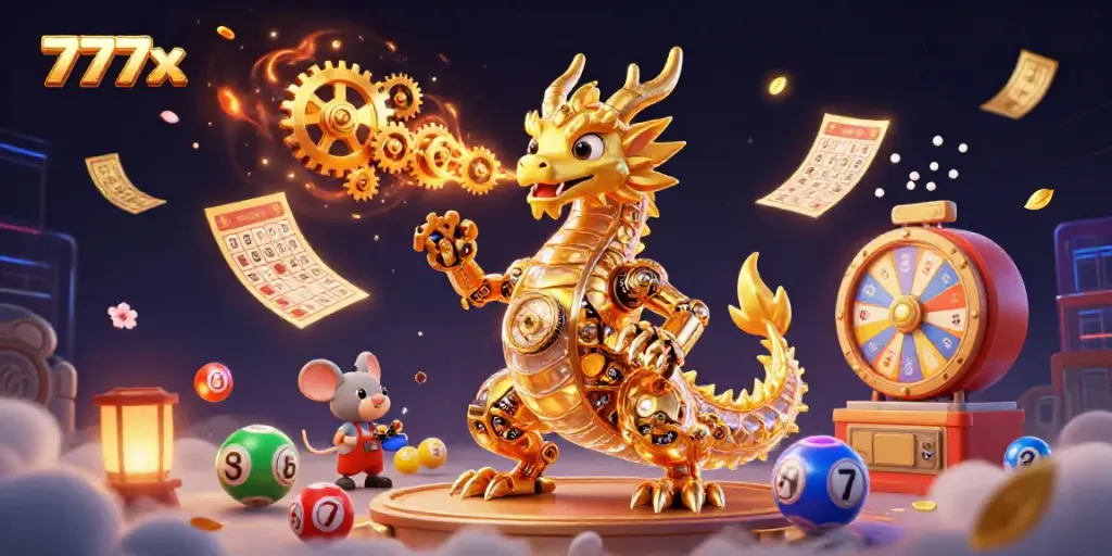 Engage with 777x in an energetic 3D scene featuring a golden dragon and lottery elements.