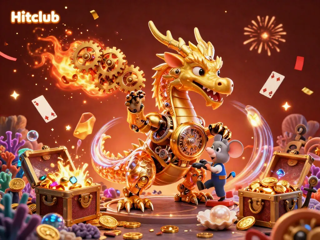 Experience the excitement of Hitclub with a golden dragon and treasure explosion in this vibrant casino-themed illustration.