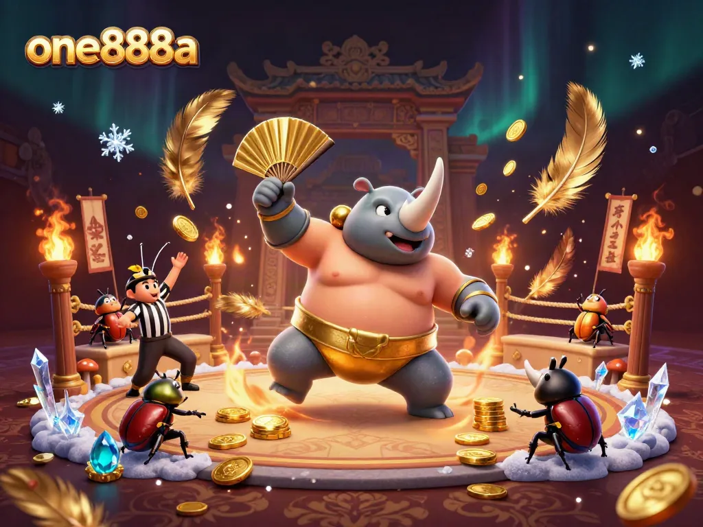 one888a offers explosive gameplay featuring a lively beetle champion, coins flying, and exciting betting elements in action.