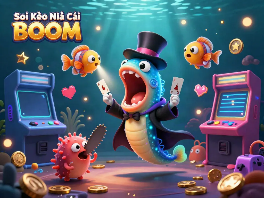 Soi Kèo Nhà Cái BOOM features vibrant 3D underwater characters performing magic tricks in a casino-themed illustration.