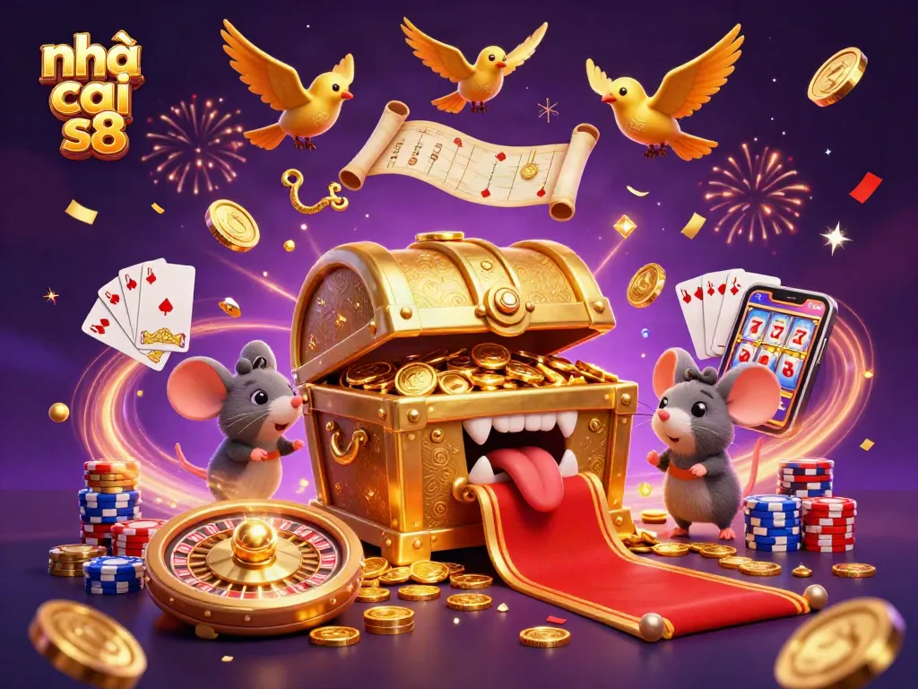 Experience the excitement of nhà cái s8 as adventurer mice pursue riches from a treasure chest amidst dynamic casino elements.