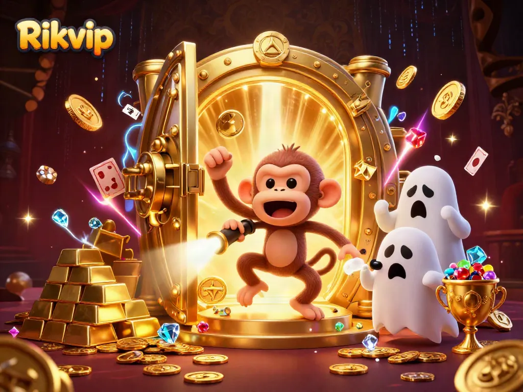 Experience the thrilling world of Rikvip in a haunted casino with a mischievous monkey and ghost-hunter puppy.