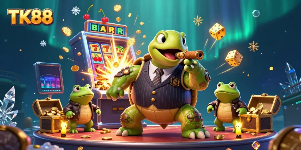 Win big with TK88 at this lively 3D casino scene featuring a snapping turtle and bullfrogs.