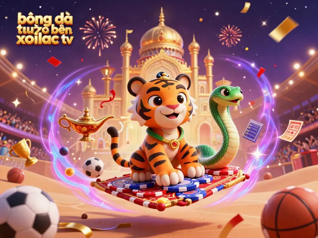 Bóng đá trực tuyến xoilac tv showcases dynamic sports betting with vibrant elements like trophies and soccer balls.