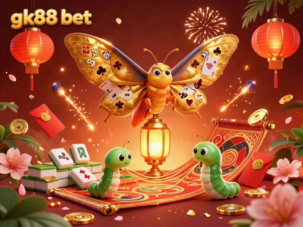 Experience gk88 bet's vibrant casino world with a captivating 3D illustration of a moth and enchanting elements.
