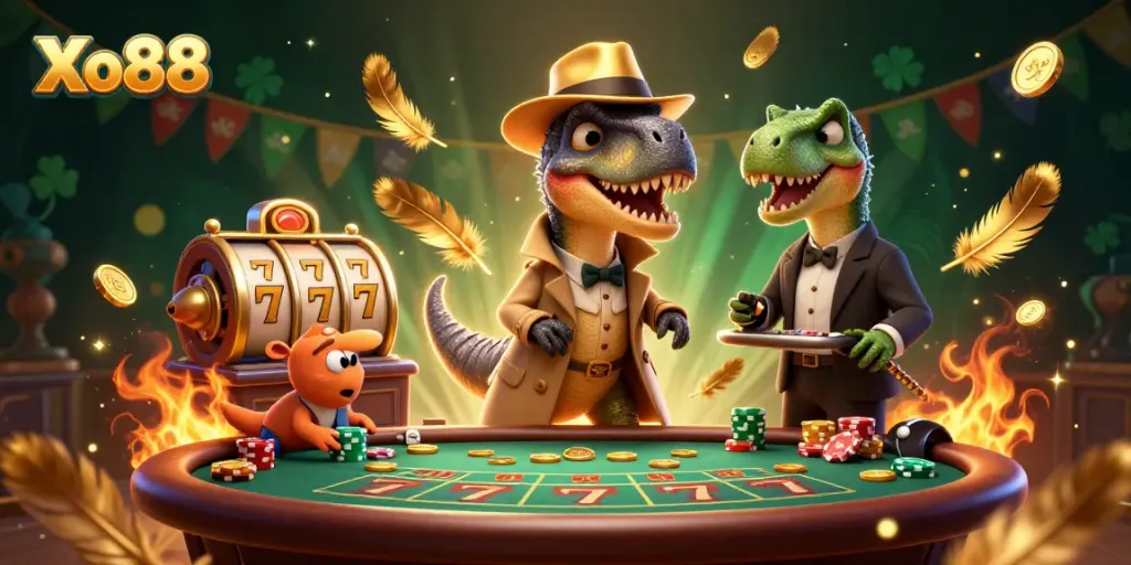 Experience the thrill at Xo88 with vibrant casino elements in a dynamic 3D scene.