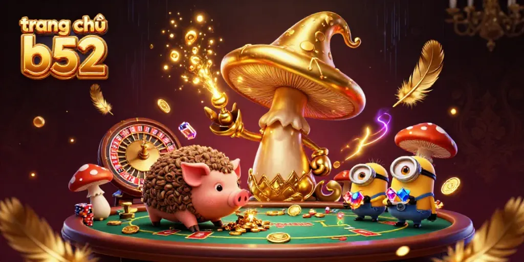 Experience excitement at trang chủ b52 with a magical scene of a golden mushroom wizard and treasure pig.