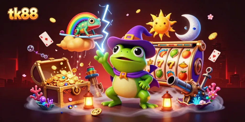 Experience tk88’s thrilling gaming adventure with vibrant characters and slot reels in a magical storm.