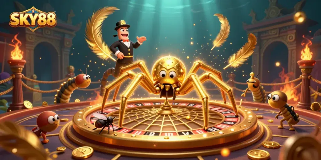 Bet on thrilling SKY88 games with a golden spider and croupier in an immersive 3D casino!
