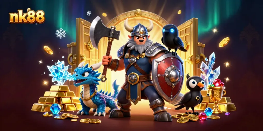 Experience the vibrant energy of nk88 with a Viking wolf warrior, fierce dragon, and treasure in a dynamic casino scene.