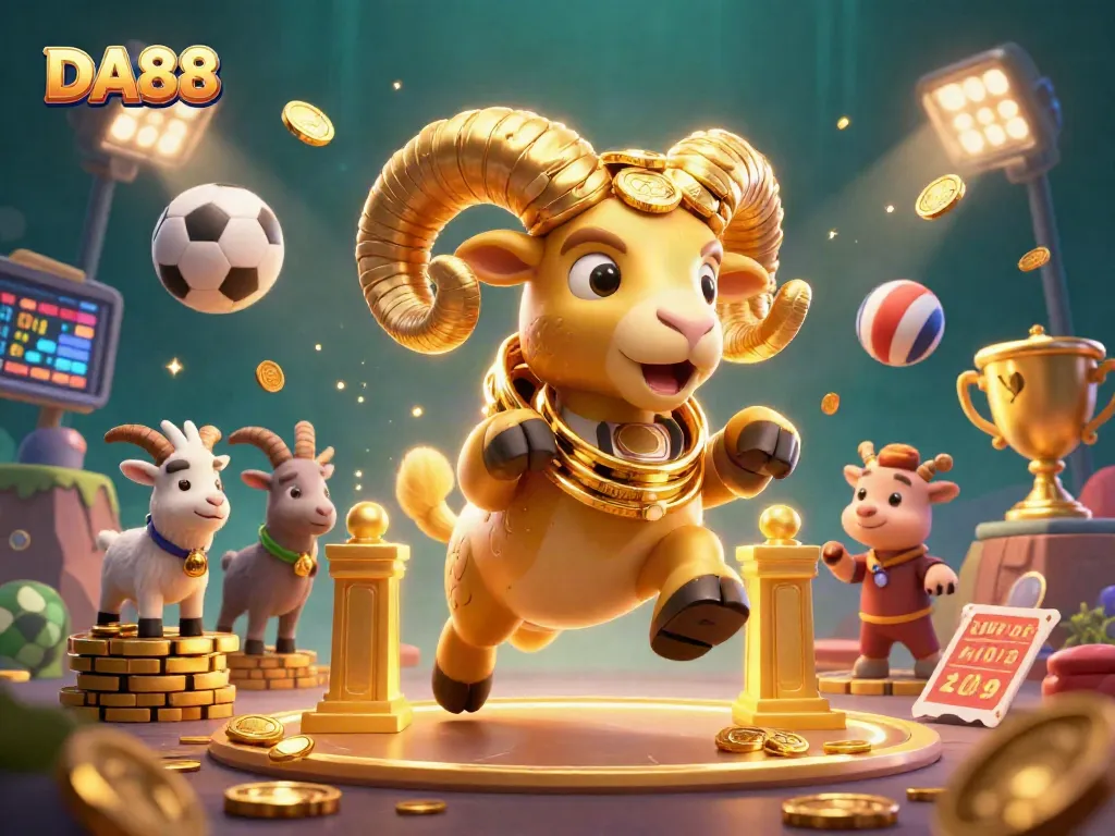 Experience the thrill of DA88 with an exciting 3D illustration of a golden ram charging through a casino.