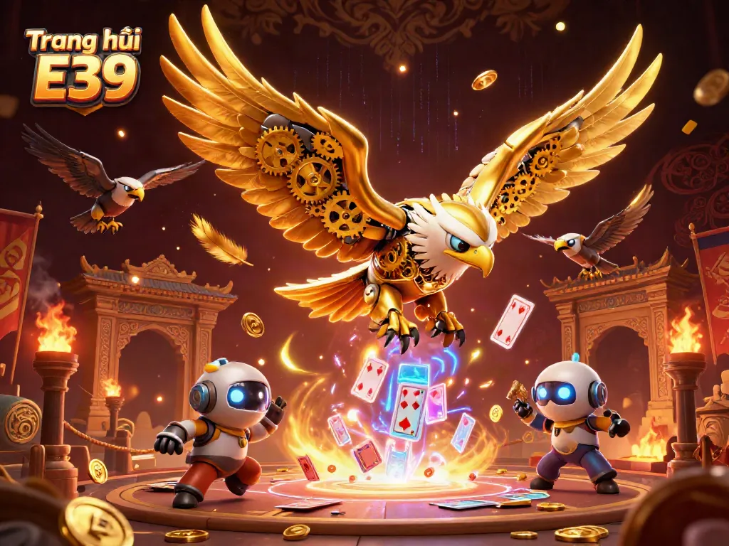 Experience the thrilling universe of Trang chủ E39 with a cybernetic golden eagle soaring amidst holographic cards.