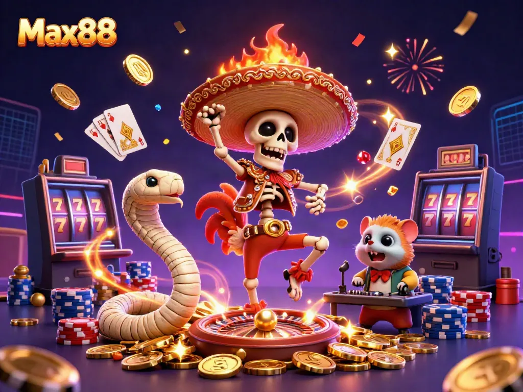 Experience Max88's vibrant casino scene with dancing characters, coins, and festive elements!