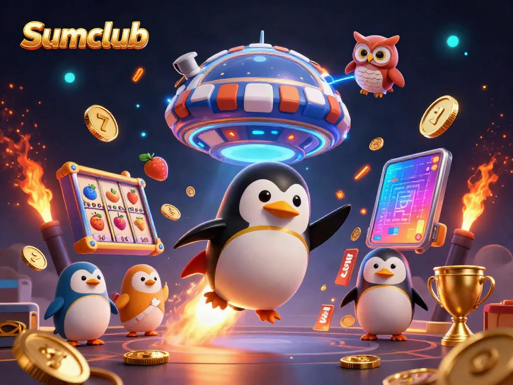 Experience thrilling gaming action with Sumclub as a golden penguin launches towards a dynamic casino!
