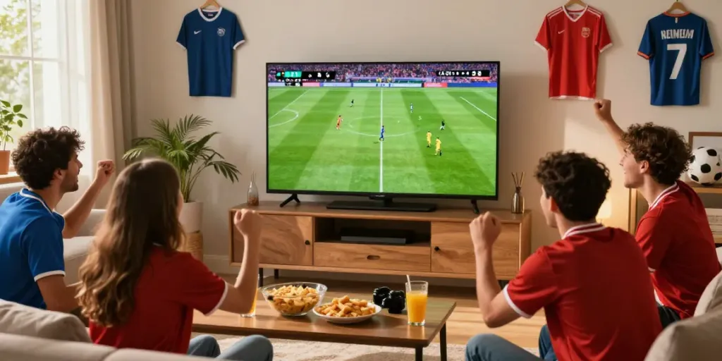 Friends enjoying the GavangTV soccer match in high definition.
