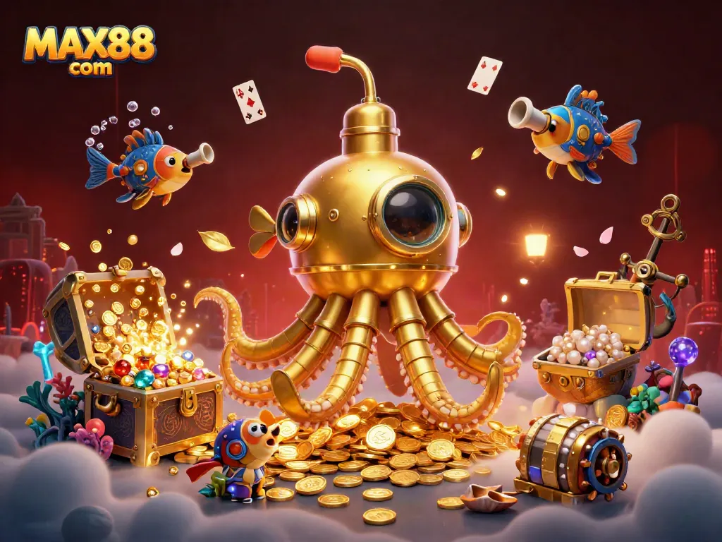 Engage in thrilling action at MAX88 com with a dynamic 3D illustration of an underwater treasure hunt.