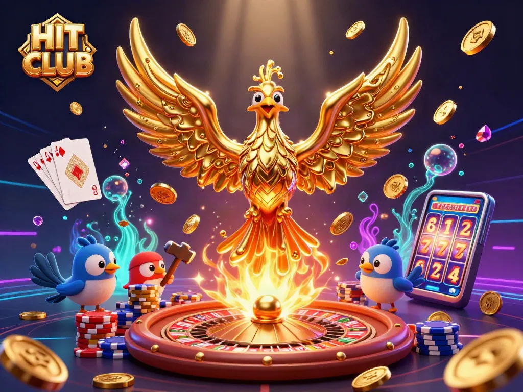 Experience the excitement at HIT CLUB with our dynamic gambling scene featuring casino games and vibrant illustrations.
