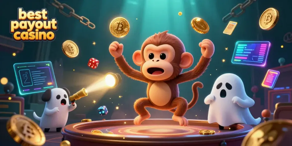 Experience the best payout casino excitement with a playful ghost-hunter puppy and mischievous monkey juggling gold coins.