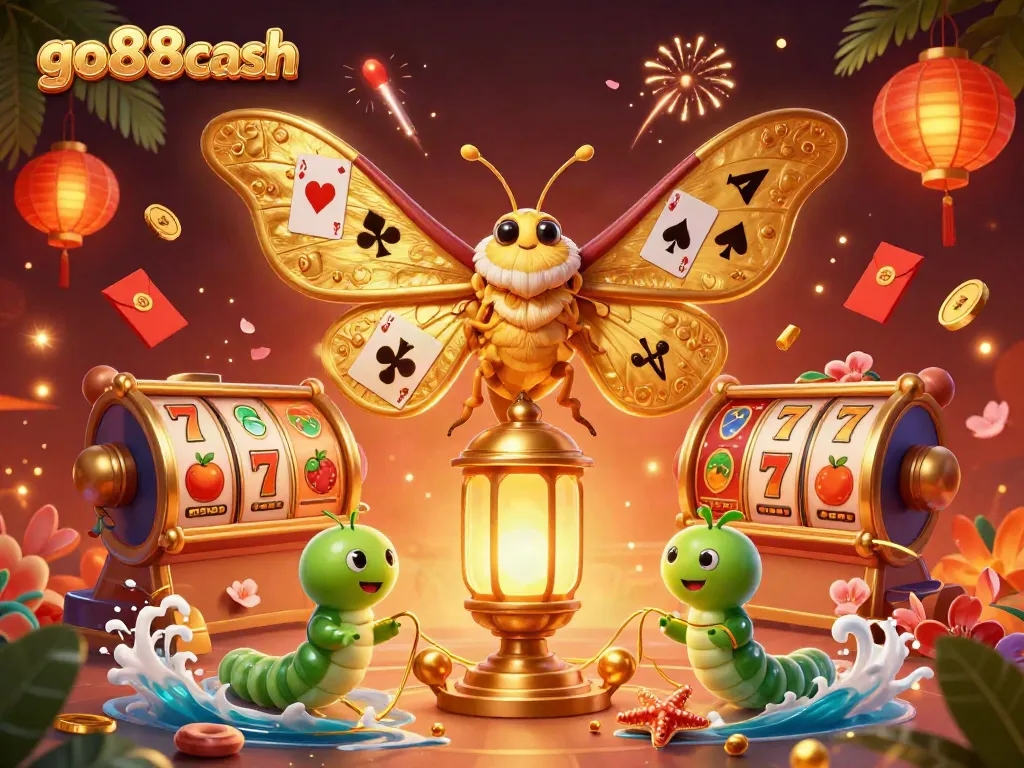 Engage with go88cash's dynamic casino experience featuring golden-winged moths and vibrant slot elements.