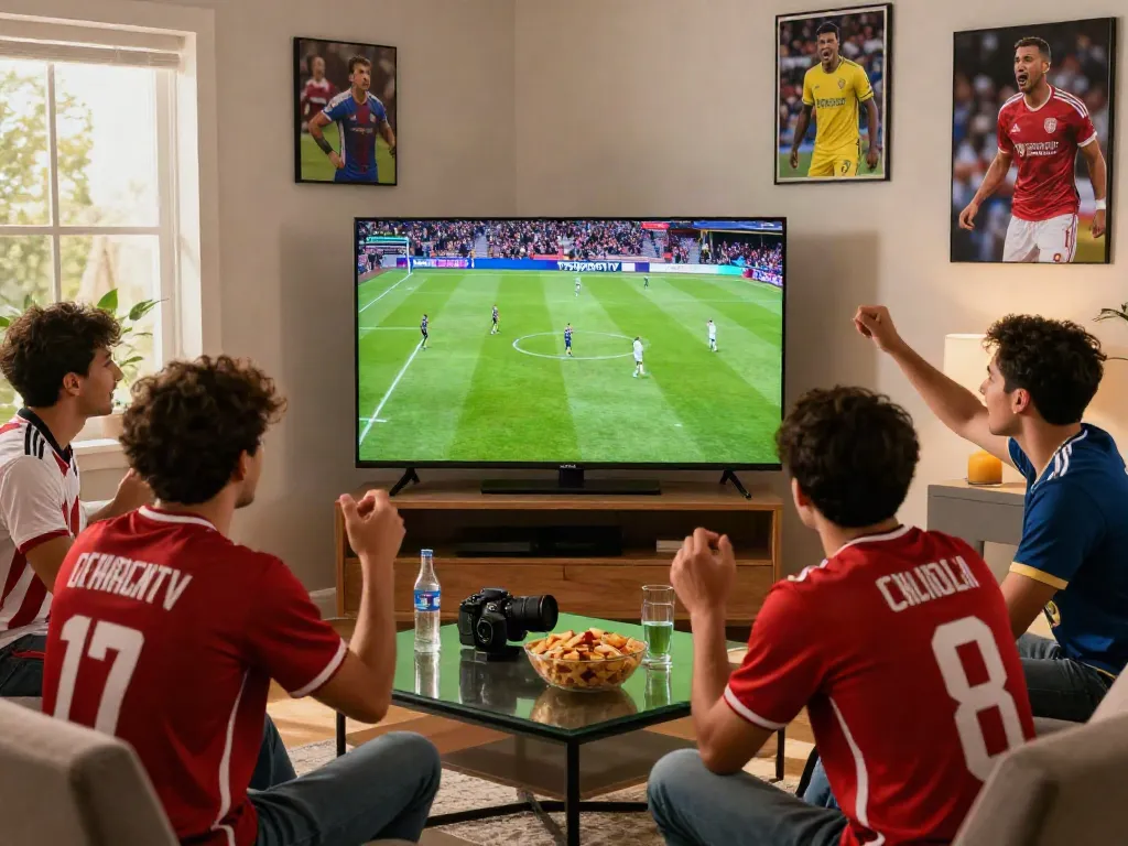 Soccer fans enjoying a live ThapcamTV match in a vibrant home setup.