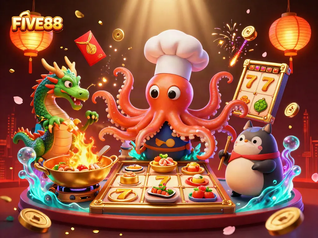 Win big with FIVE88's vibrant slots experience featuring playful characters and dynamic gaming elements.