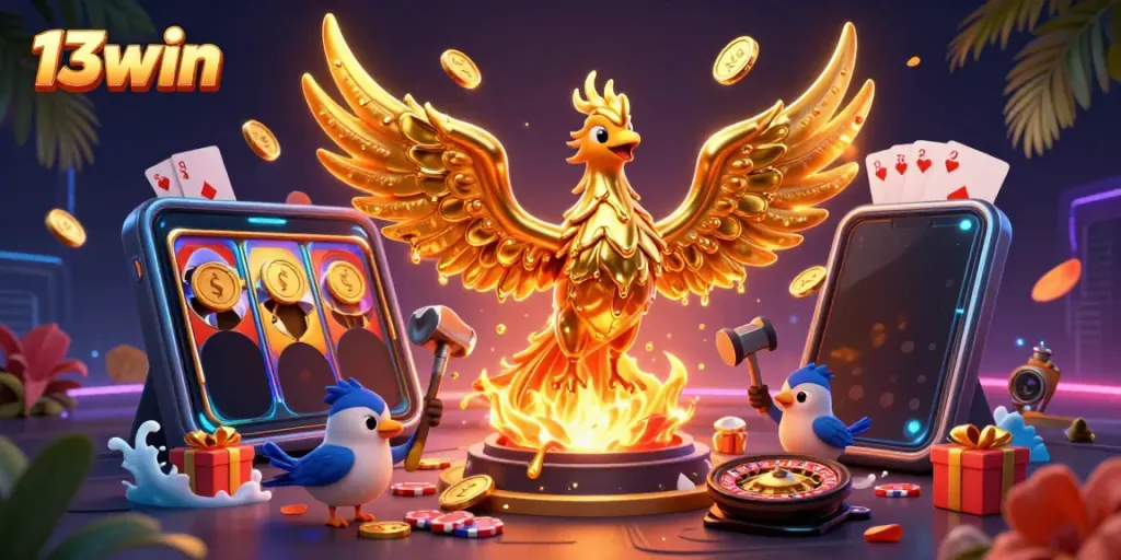 Experience the thrill of winning at 13win with a vibrant casino scene featuring a golden phoenix and exciting game elements.