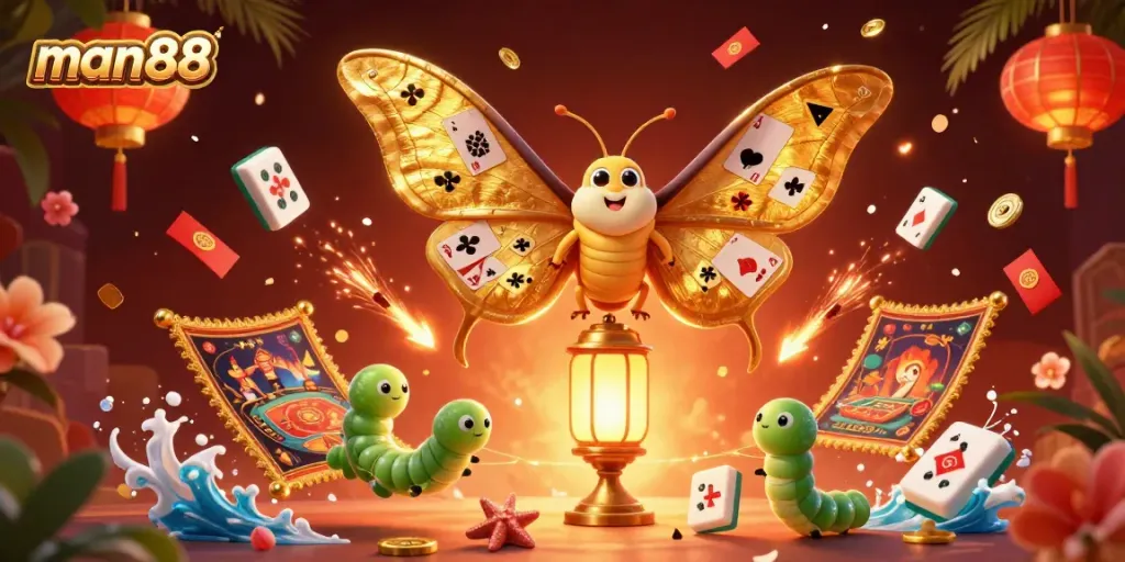 man88 captivates with a vibrant casino scene featuring a majestic moth and golden elements.