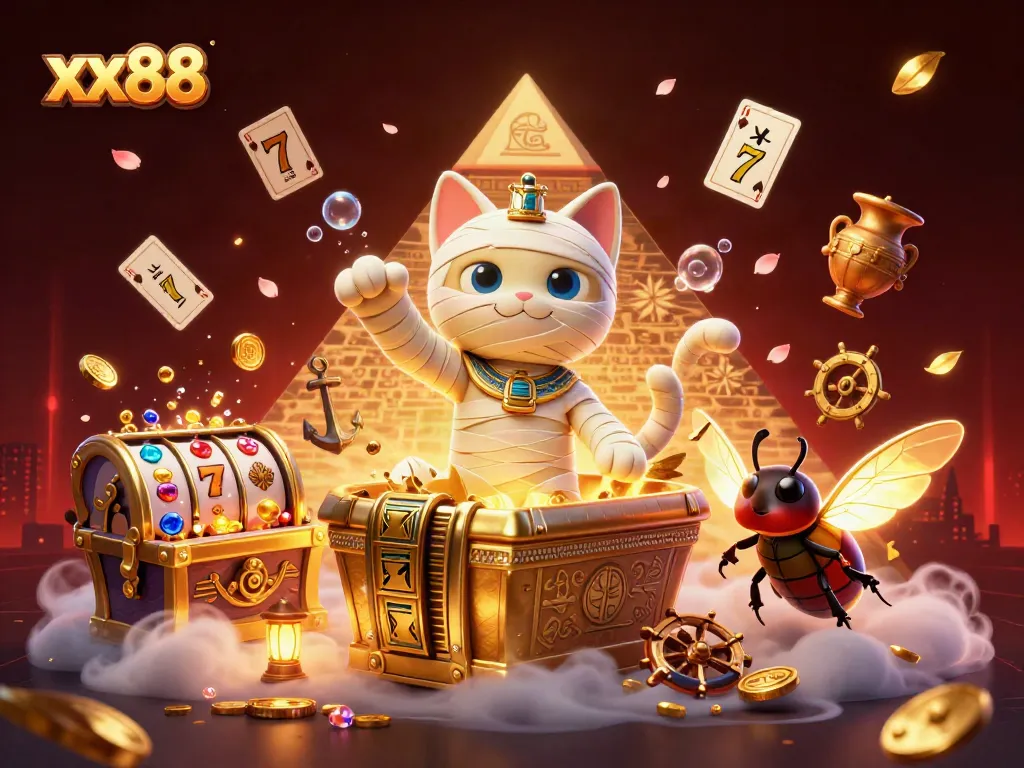xx88 takes center stage with an Egyptian mummy cat rising from a golden sarcophagus in a vibrant casino scene.