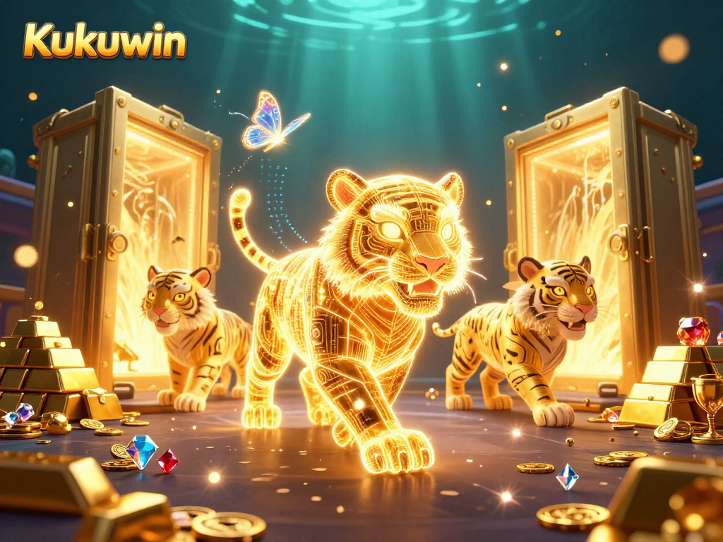 Engage with Kukuwin in this vibrant 3D casino scene featuring a golden tiger and holographic companions.