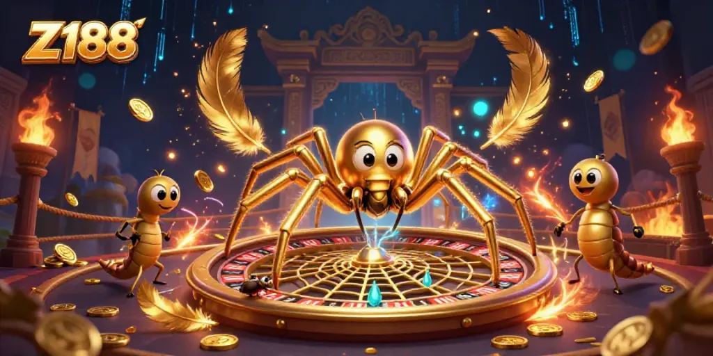 Experience the thrill of Z188 casino with a 3D spider spinning a roulette wheel web and a fly placing bets.
