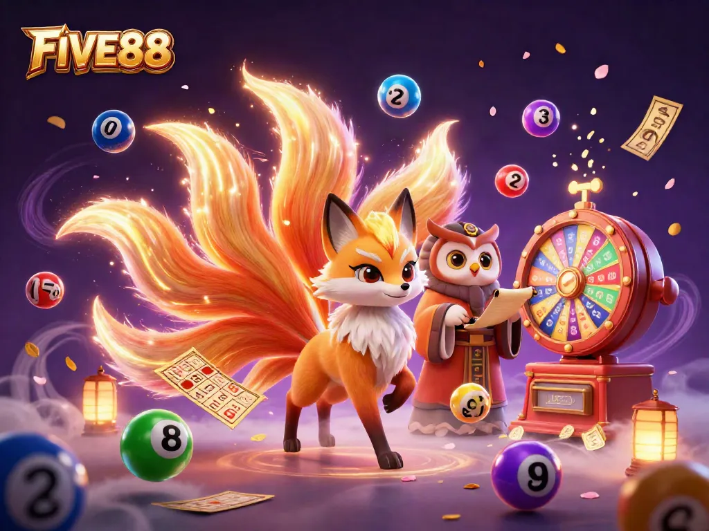 Experience the excitement of FIVE88 with a vibrant casino-themed illustration, featuring magical characters and dynamic elements.
