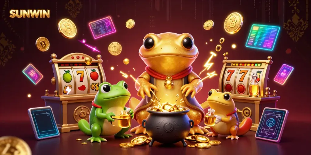 Experience slot gaming excitement with SUNWIN in a rich 3D scene featuring alchemists and treasure.