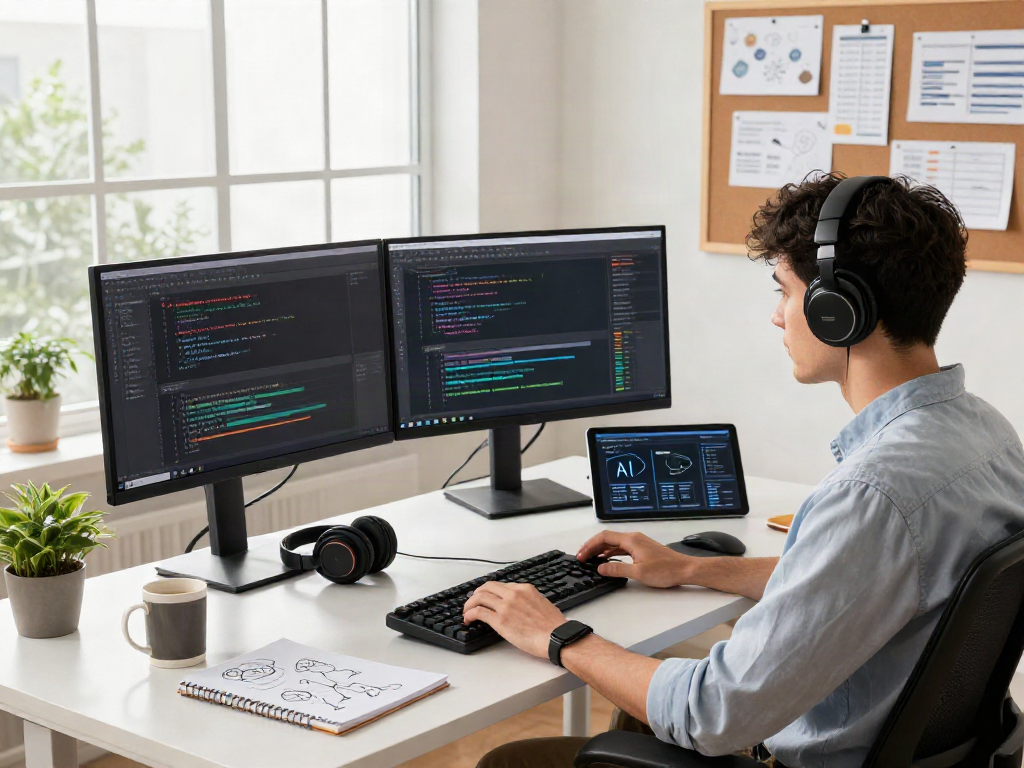 AI 18+ software engineer coding in modern workspace, showcasing innovative tech elements and vibrant office atmosphere.
