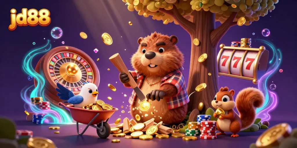 Win big with jd88 as the lumberjack beaver chops trees raining gold coins amidst a colorful casino backdrop.