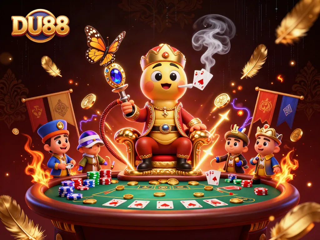 Experience the excitement of poker at DU88 with a whimsical, vibrant illustration featuring engaging characters and elements.