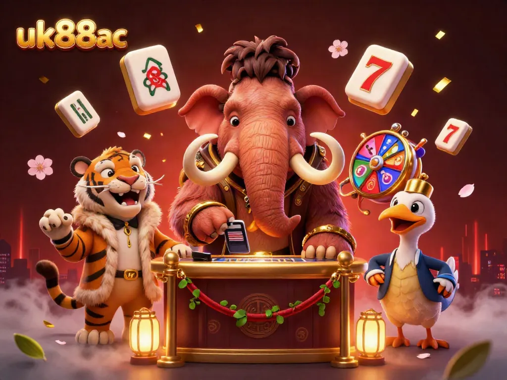 uk88ac showcases a vibrant casino scene with a woolly mammoth bouncer checking IDs amidst dynamic slot reels.