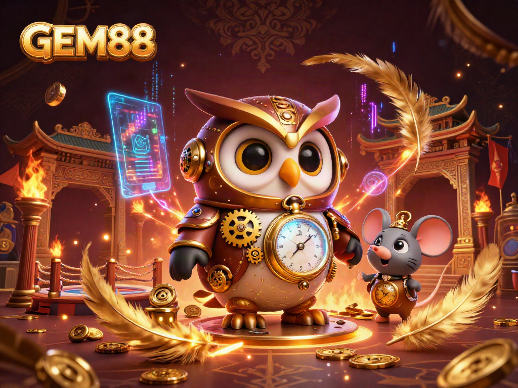 Experience GEM88 in vibrant 3D illustration featuring casino adventures with dynamic characters and elements.