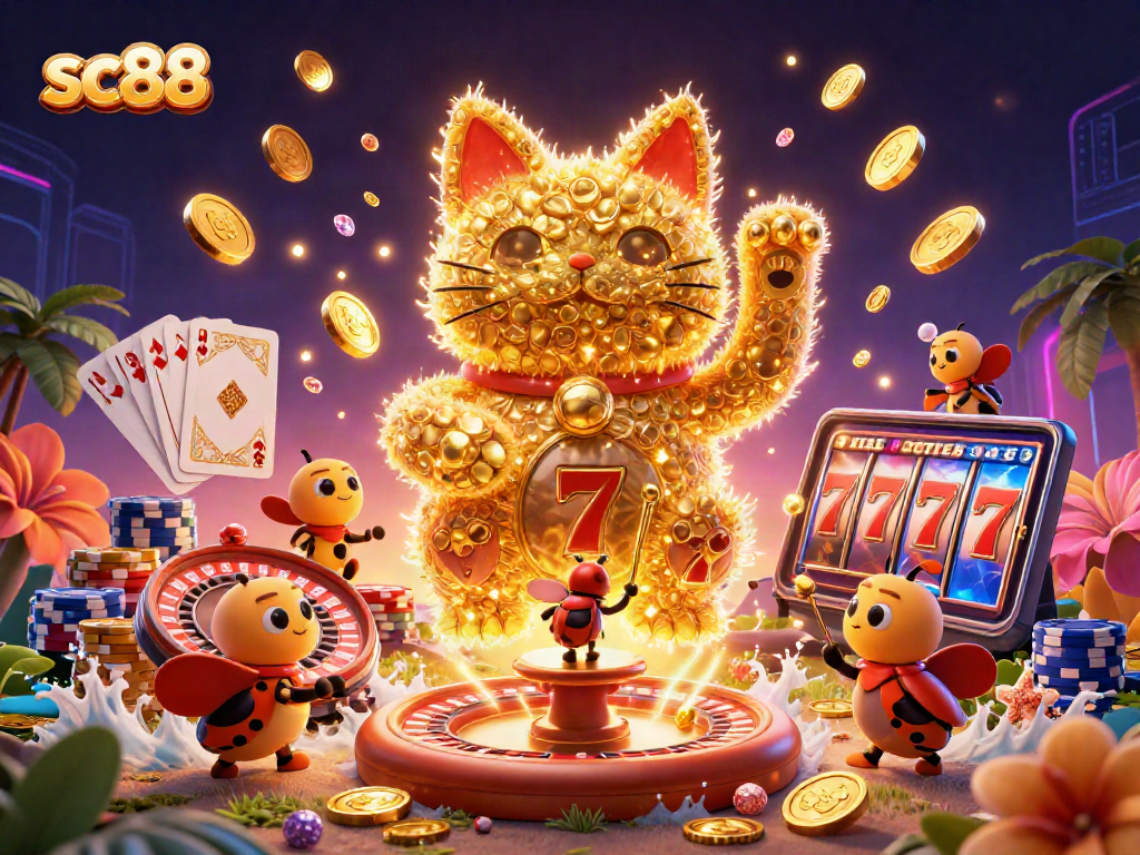 Experience the excitement of sc88 with vibrant slots, coins, and a lucky cat in brilliant 3D.
