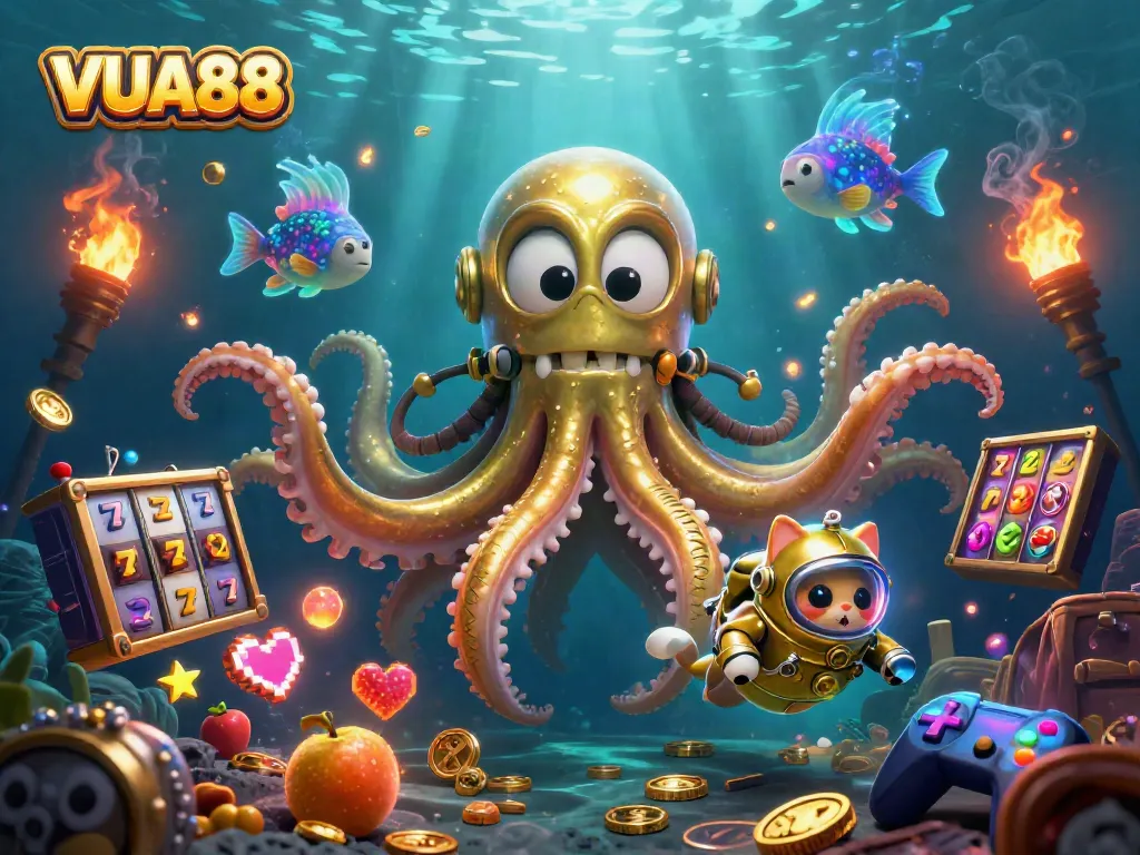 VUA88 unleashes a captivating treasure-filled ocean scene with a kraken, diving cat, and slot game elements.