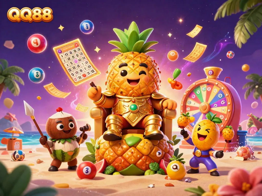 Engage with QQ88's vibrant casino adventure featuring a golden pineapple king, lively gaming elements, and tropical vibes.
