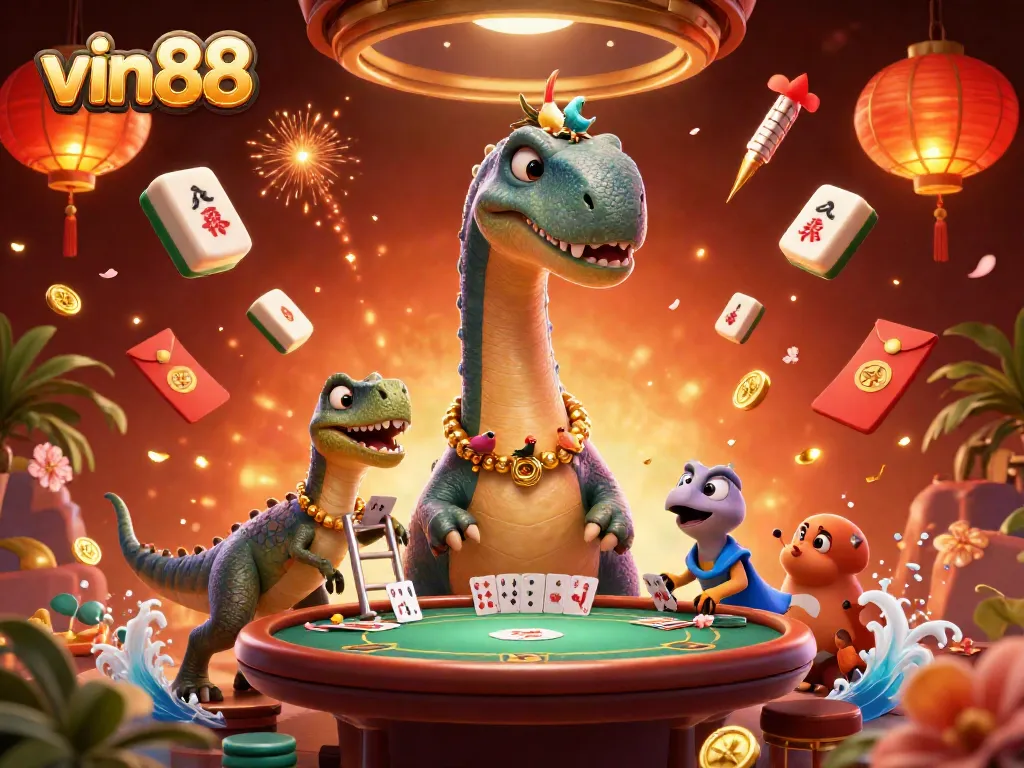 Engage with vin88's vibrant casino experience featuring a brontosaurus overseeing gaming action.