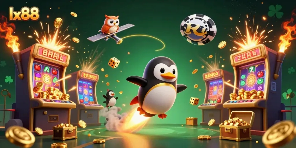 Experience the excitement of casino games with lx88 as a golden penguin rockets towards a jackpot in space.