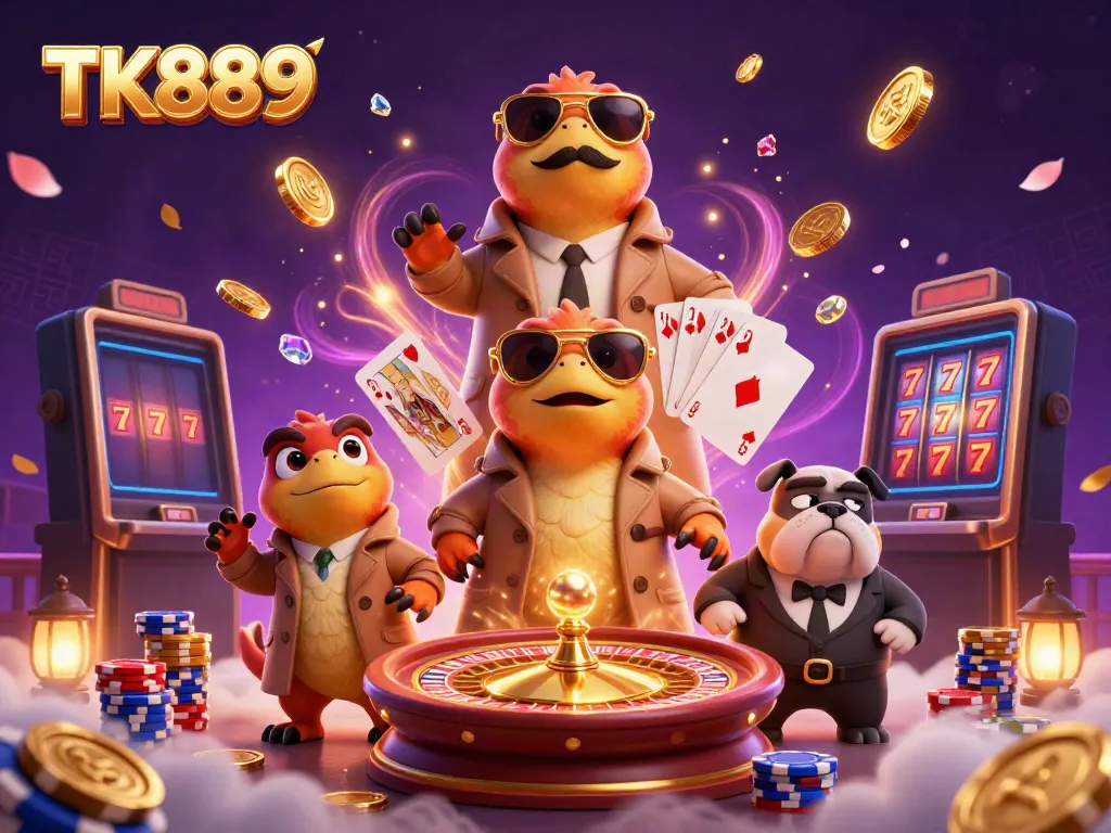 Experience the excitement at TK889, with cartoon raptors entering a VIP casino, surrounded by dynamic gaming elements.