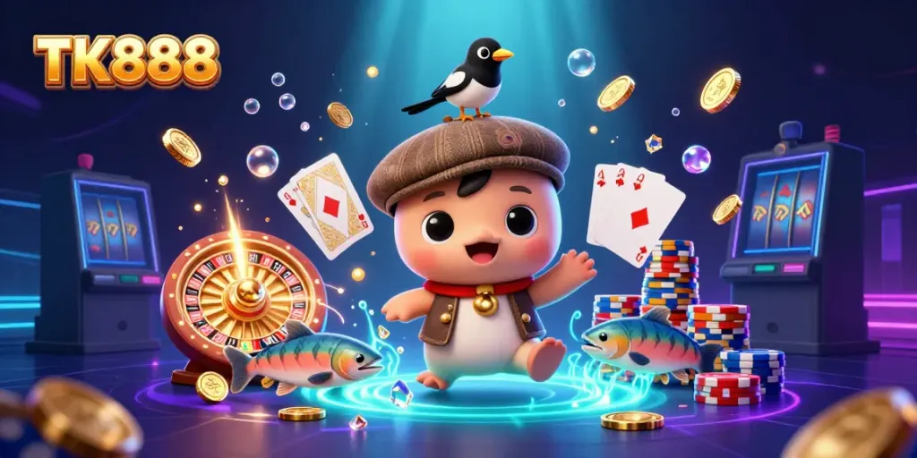 Engage in the vibrant TK888 casino world with playful characters and sparkling gems.