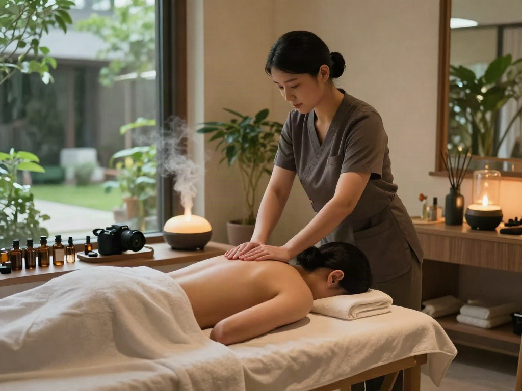 Relaxing 용인출장마사지 scene in a modern wellness center with a soothing atmosphere.