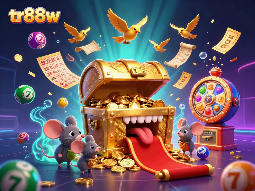 Win with tr88w's dynamic lottery scene featuring colorful balls and interactive casino elements.