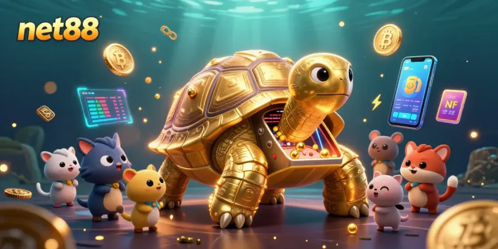 Engage with net88's exciting gaming scene featuring a charismatic golden tortoise in a vibrant casino.