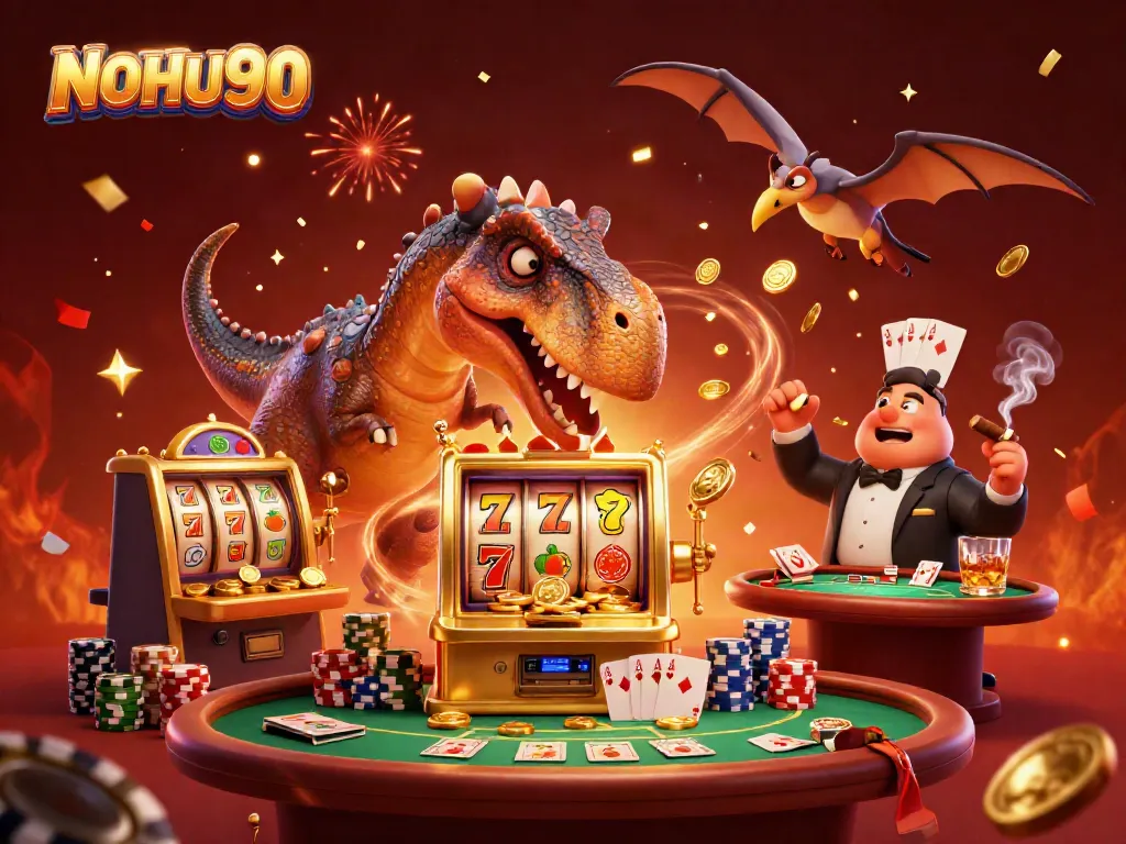 NOHU90 promotes excitement as a pachycephalosaurus wins jackpot coins from a golden slot machine.