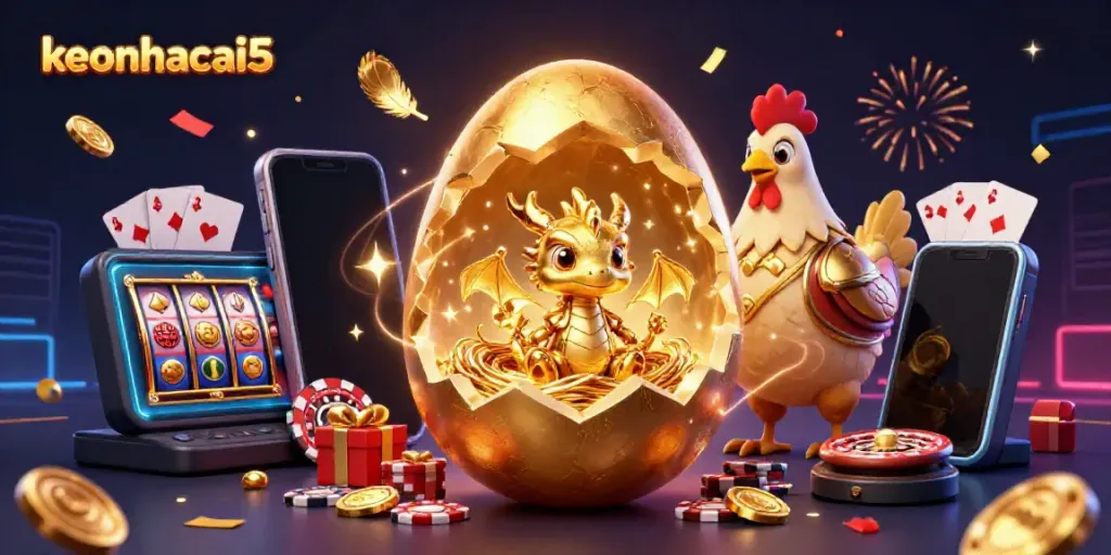 Engage with keonhacai5's vibrant scene of a golden dragon revealed from an egg amidst casino elements.